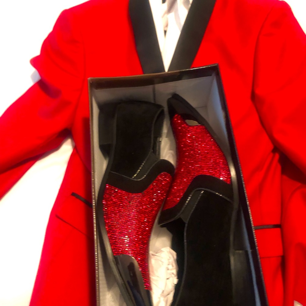 Red and black suit with collar shirt,black pants and dressy shoes